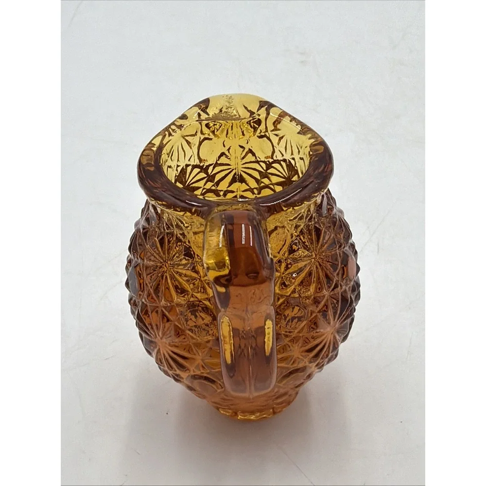 Vintage LE Smith Daisy & Button Amber Glass Miniature Pitcher / Toothpick Holder